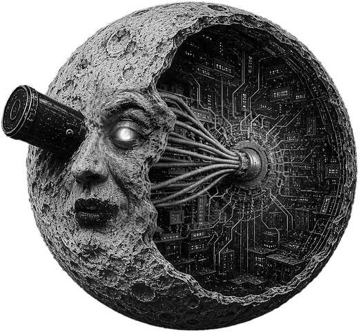 AI VFX NEWS logo: a crescent moon with circuitry on its dark half and a film lens at its centre
